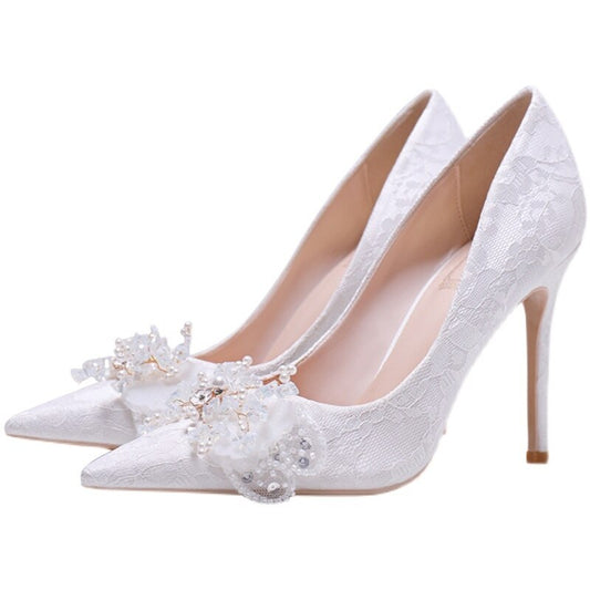 Main White Dress Bridal Rhinestone Single Shoes Thin Heel