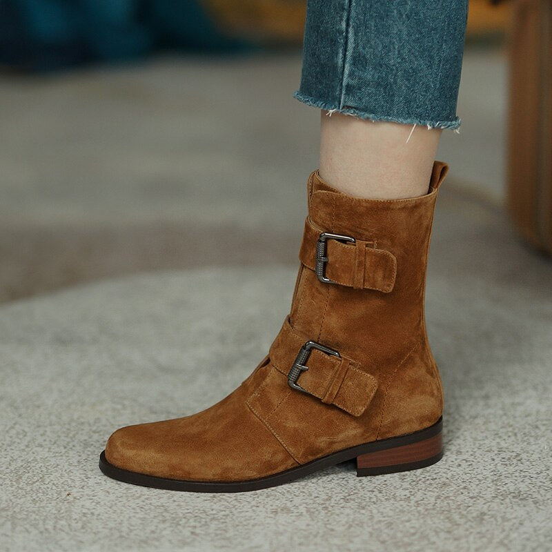 Women sheep suede modern boots side zipper double buckle short boots
