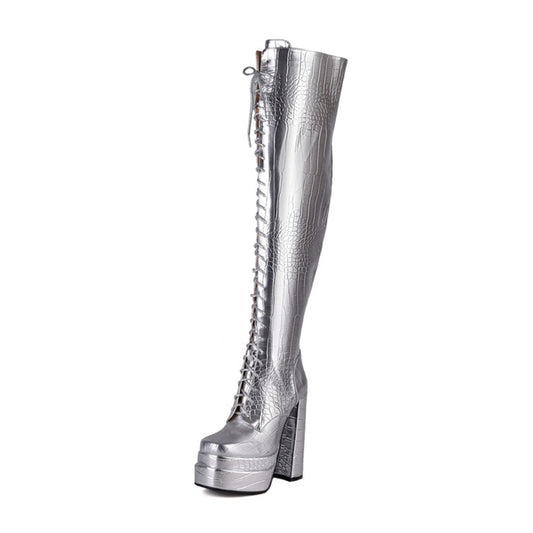 Square Toe Over The Knee Boots Thick Bottom Side Zipper Ladies Shoes