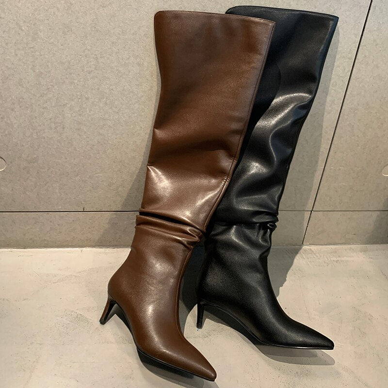 Women cowhide upper pointed toe high heel long skinny boots