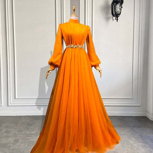 High Neck Long Sleeve Orange Tulle Women Formal Party Gowns