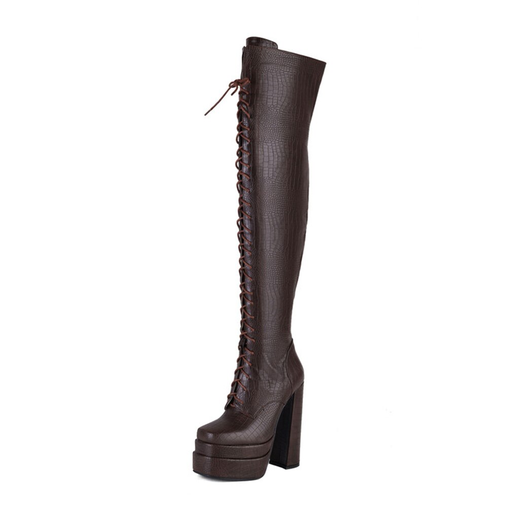 Square Toe Over The Knee Boots Thick Bottom Side Zipper Ladies Shoes
