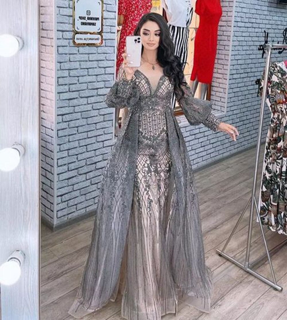 Puffy Long Sleeve Women Beaded Lace Formal Evening Party Gowns
