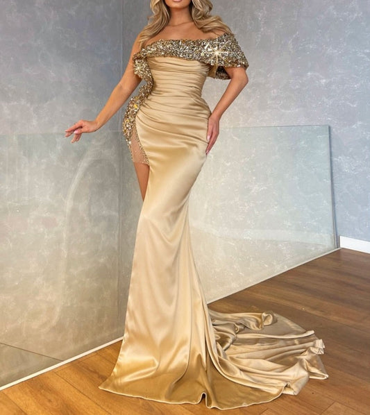 High Slit Champagne Satin Women Formal Evening Party Gowns