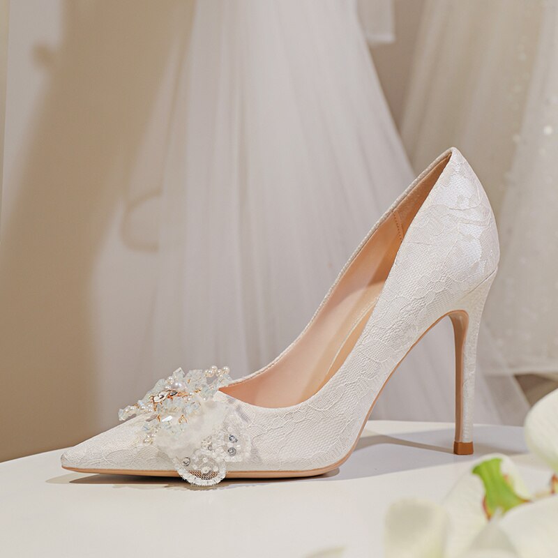 Main White Dress Bridal Rhinestone Single Shoes Thin Heel
