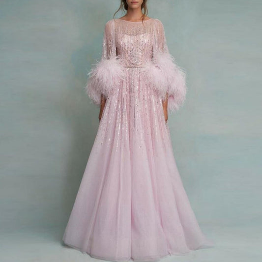 O-Neck A-line Women Pink Long Sleeve  With Feathers Prom Gown