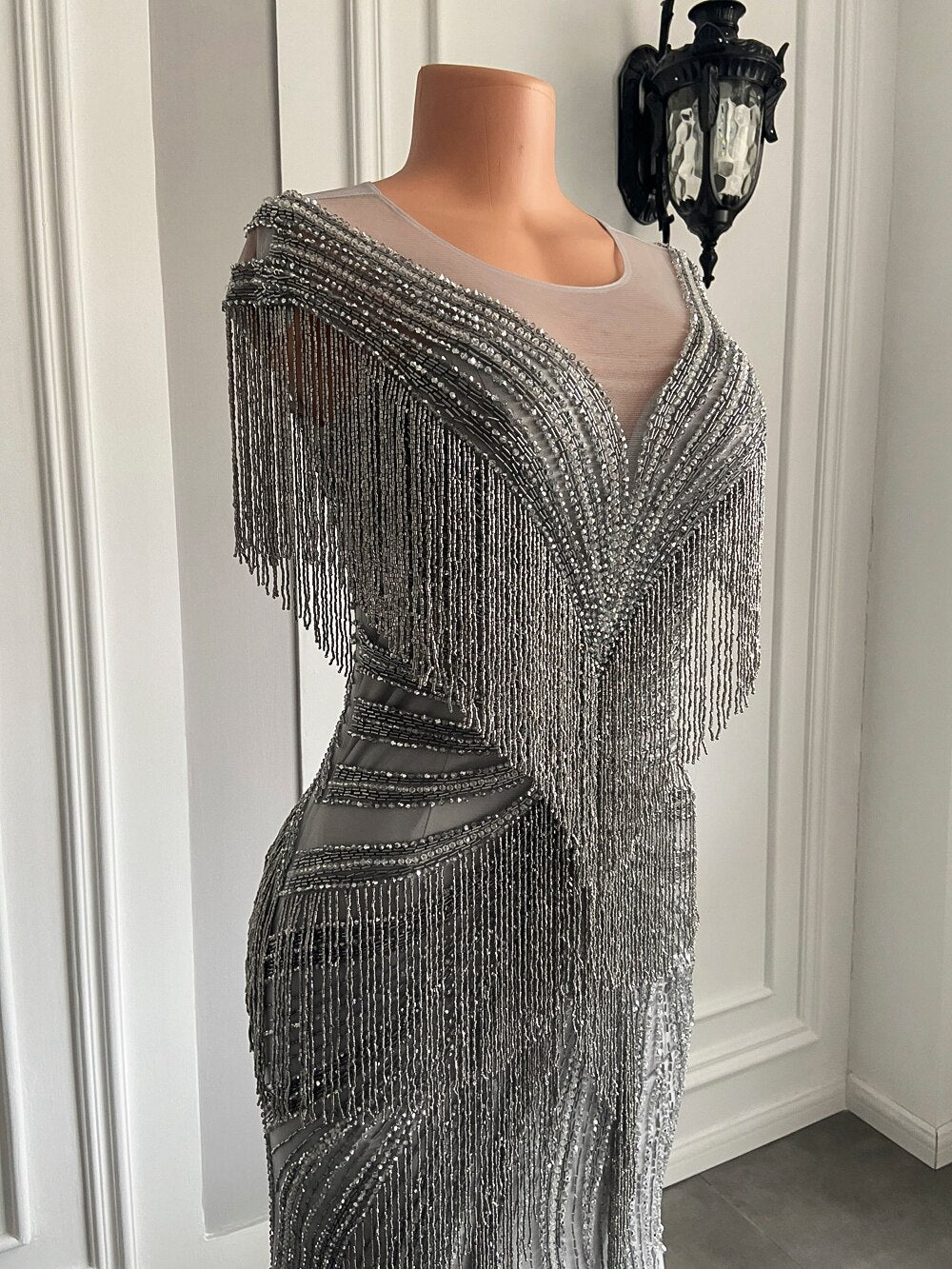 Sheer Scoop Beaded Crystals Silver Women Formal Evening Party Gowns