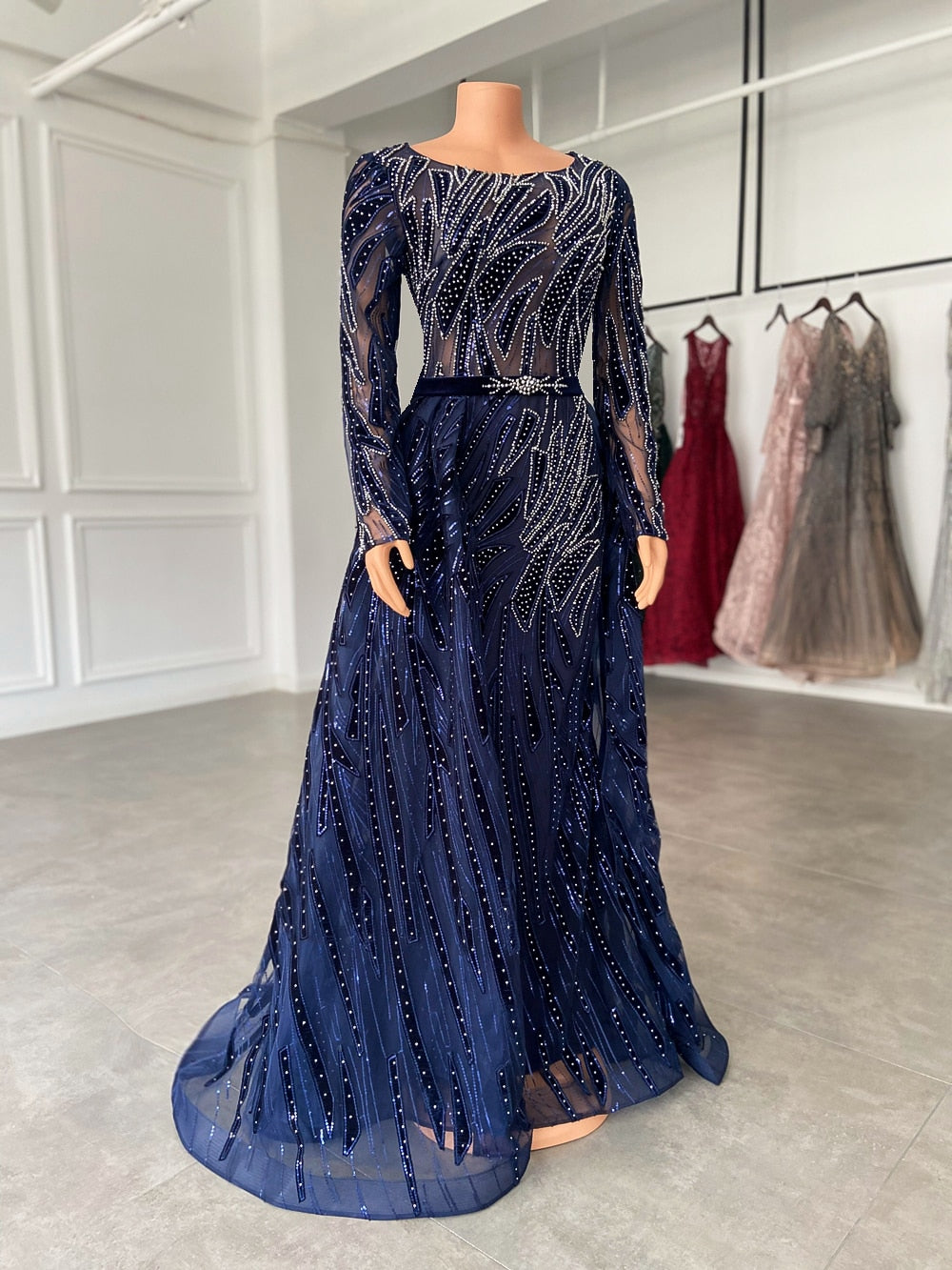Long Sleeve Women Navy Blue Formal Evening Party Gowns With Train