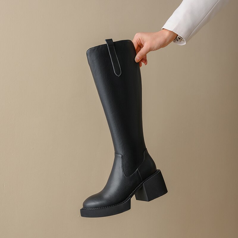 Women knee-high boots Natural leather cowhide upper full leather
