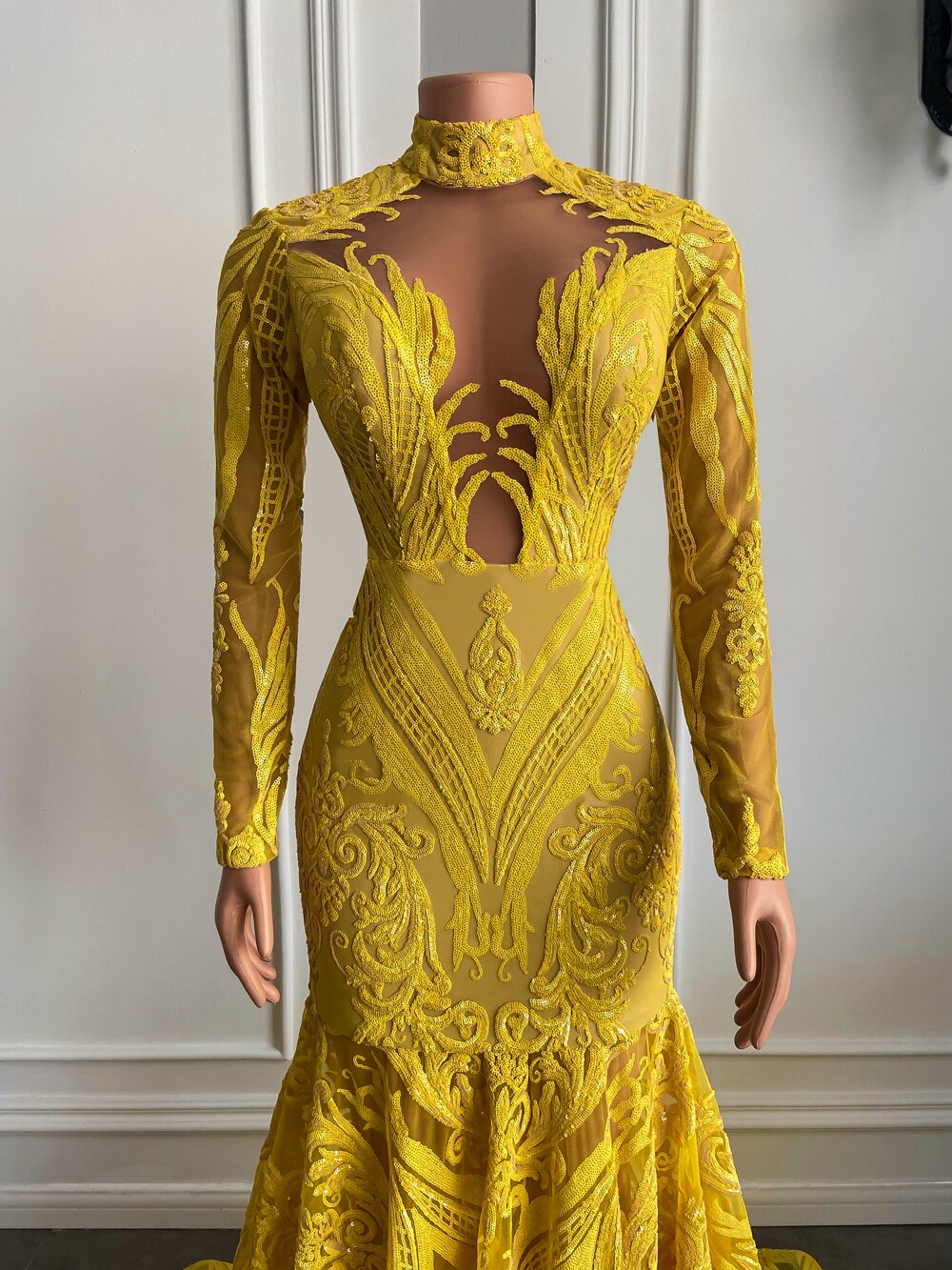 Mermaid Style Long Sleeve High Neck Yellow Sequin Long Prom Dresses