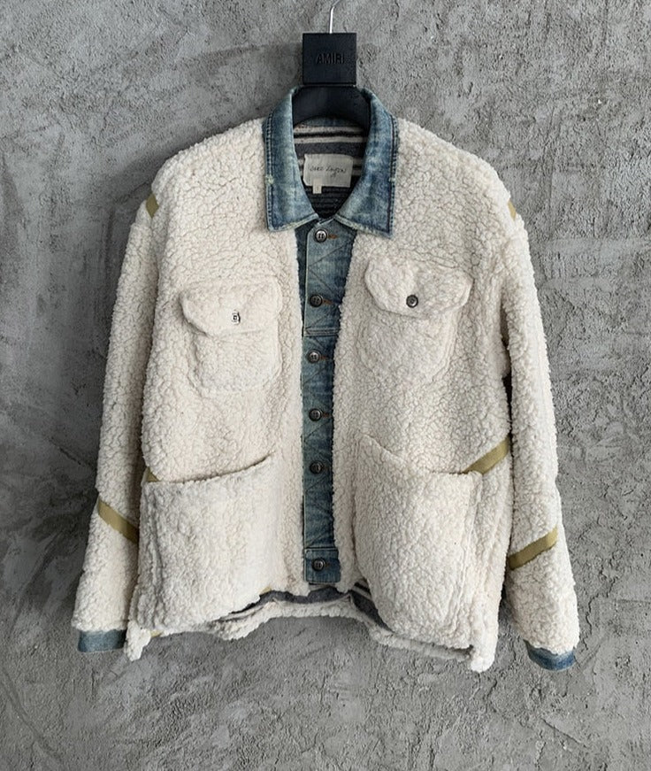 Embroidered Silhouette Long Sleeve Loose Warm Lamb Coats Men's Jackets