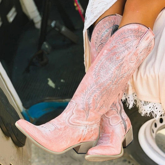 Embroidered Chunky Heel Women's Wide Calf Pink Boots