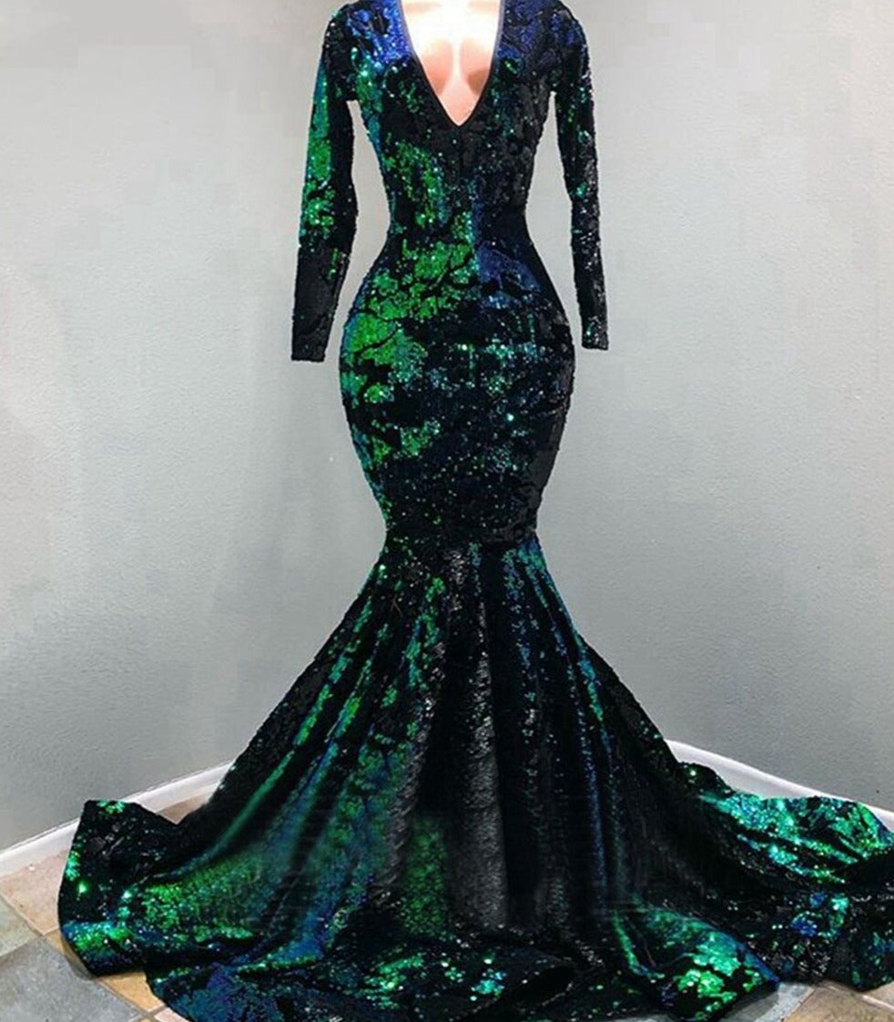 Mermaid Long Sleeve V-neck Sparkly Black and Green Prom Gowns