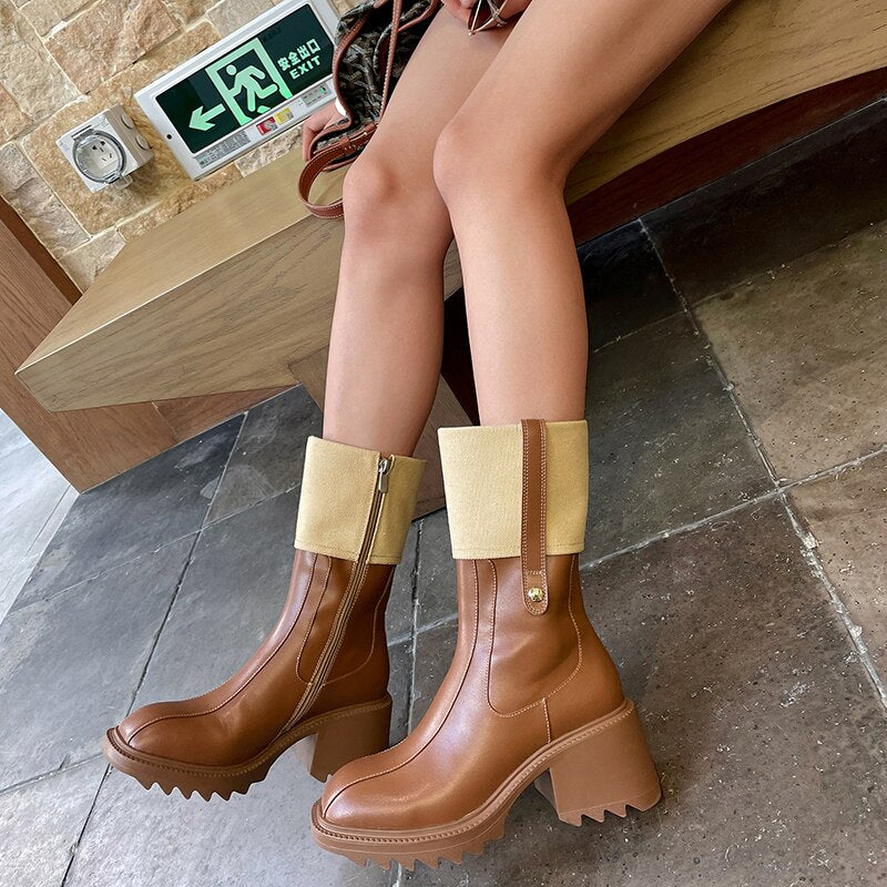Women mid-calf boots natural leather cowhide patent retro boots