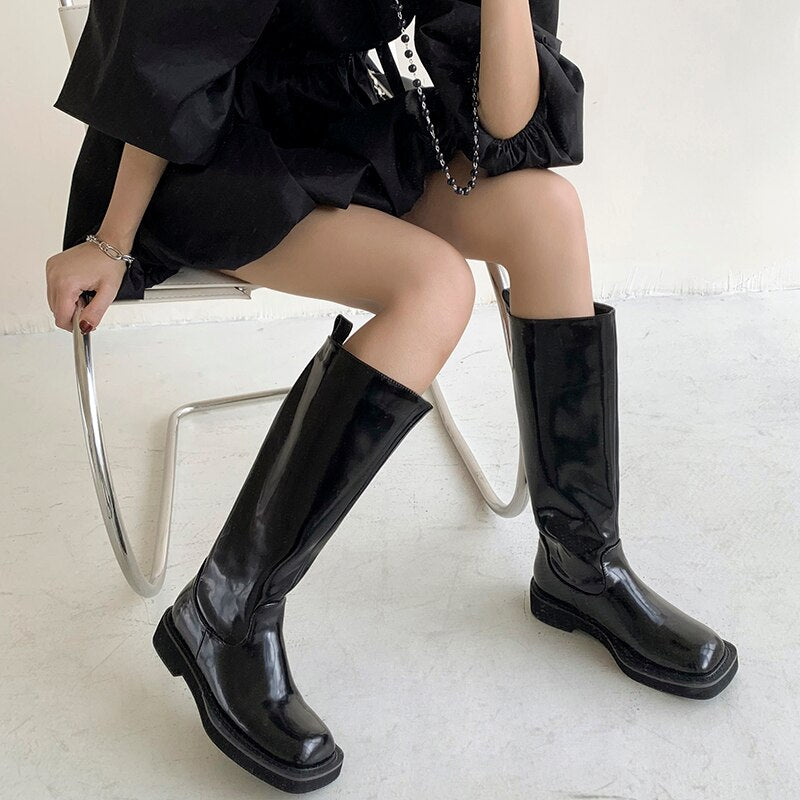 Women Knee-high boots cowhide upper square toe high boots