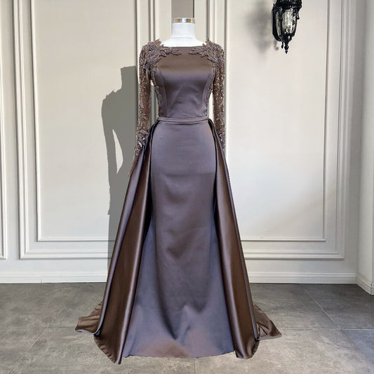 Beaded Brown Satin Women Formal Party Evening Gowns