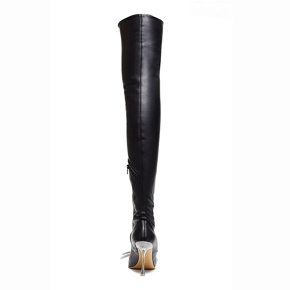 Women Zipper Thin High Heel Large Size Bow Rhinestone Chain Stretch Boots