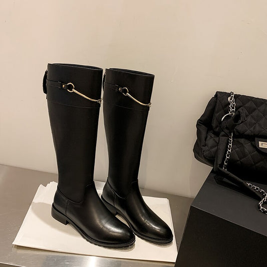 Women cow leather long boots metal chain back Zip Rider Boots