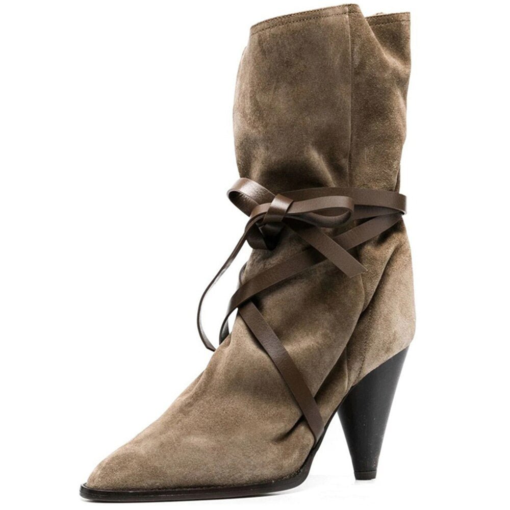 Pointed Toe Lady Cross Tied Belt High Heel Short Boots
