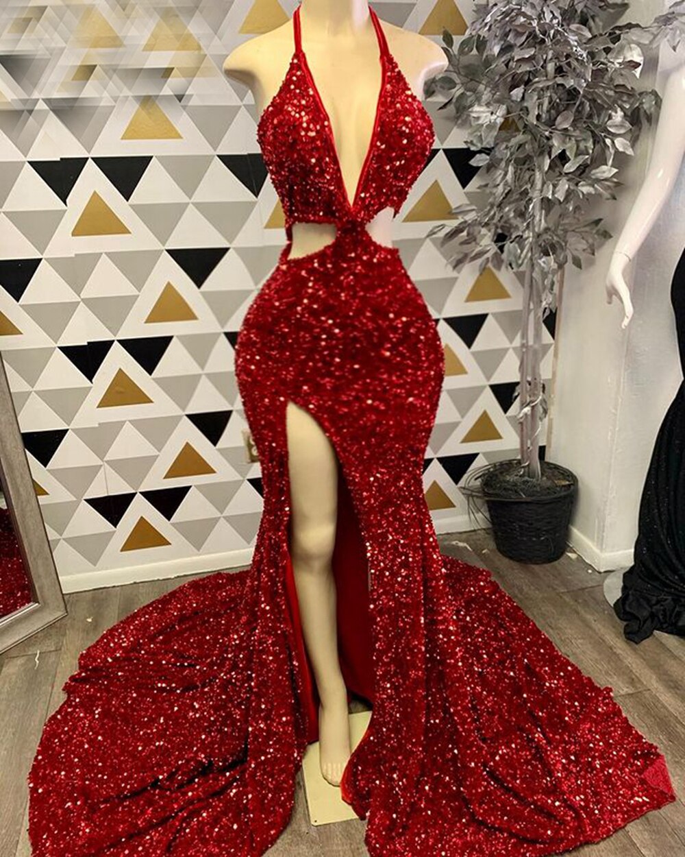 Mermaid High Slit Halter Sparkly Red Sequin Girls Prom Gala Party Gowns