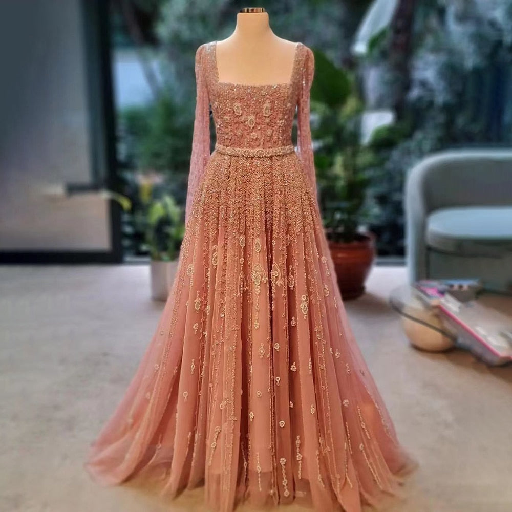 Pink A Line Square Collar Beaded Evening Dresses Gowns