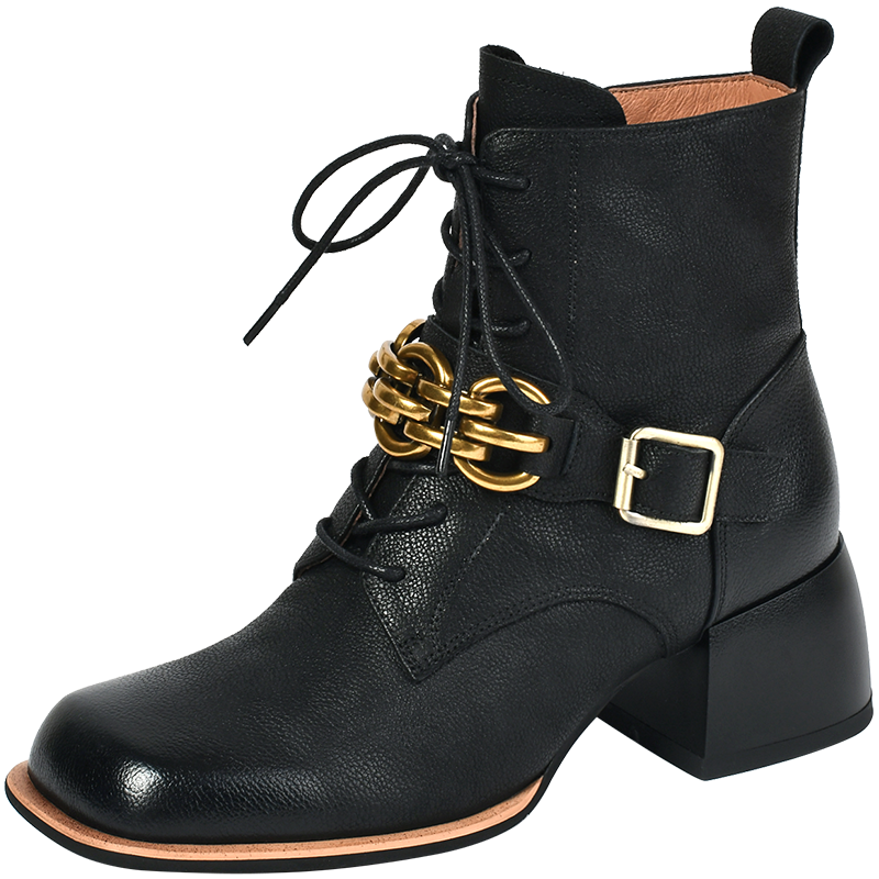 Women vintage cowhide chunky heels metal belt buckle Knight boots