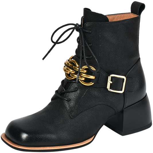 Women vintage cowhide chunky heels metal belt buckle Knight boots