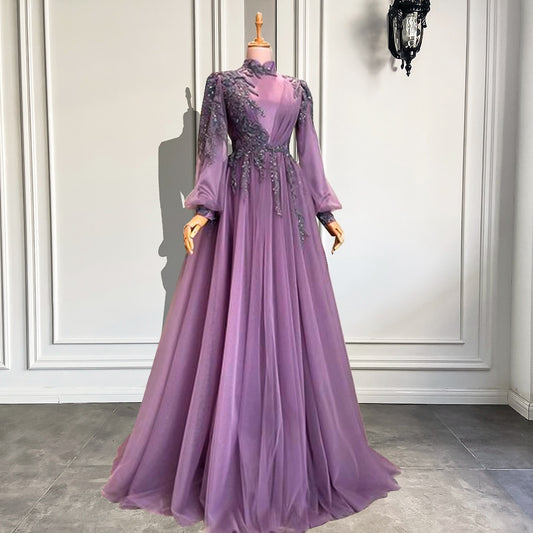 A-line High Neck Dubai Women Muslim Arabic Formal Evening Gowns
