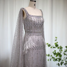 Load image into Gallery viewer, Bling Gray Mermaid Arabic Evening Dress with Cape
