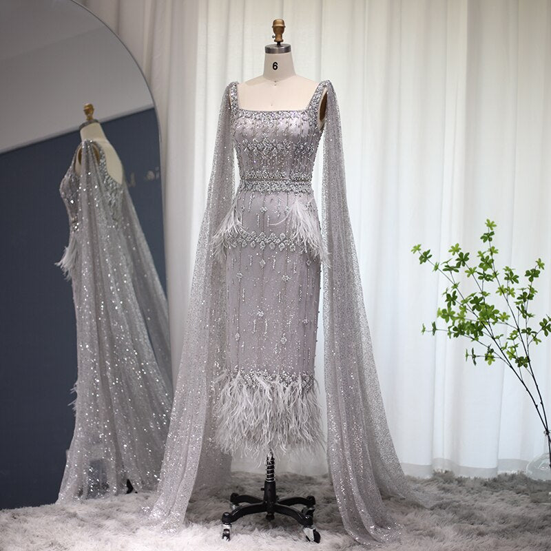 Bling Gray Mermaid Arabic Evening Dress with Cape