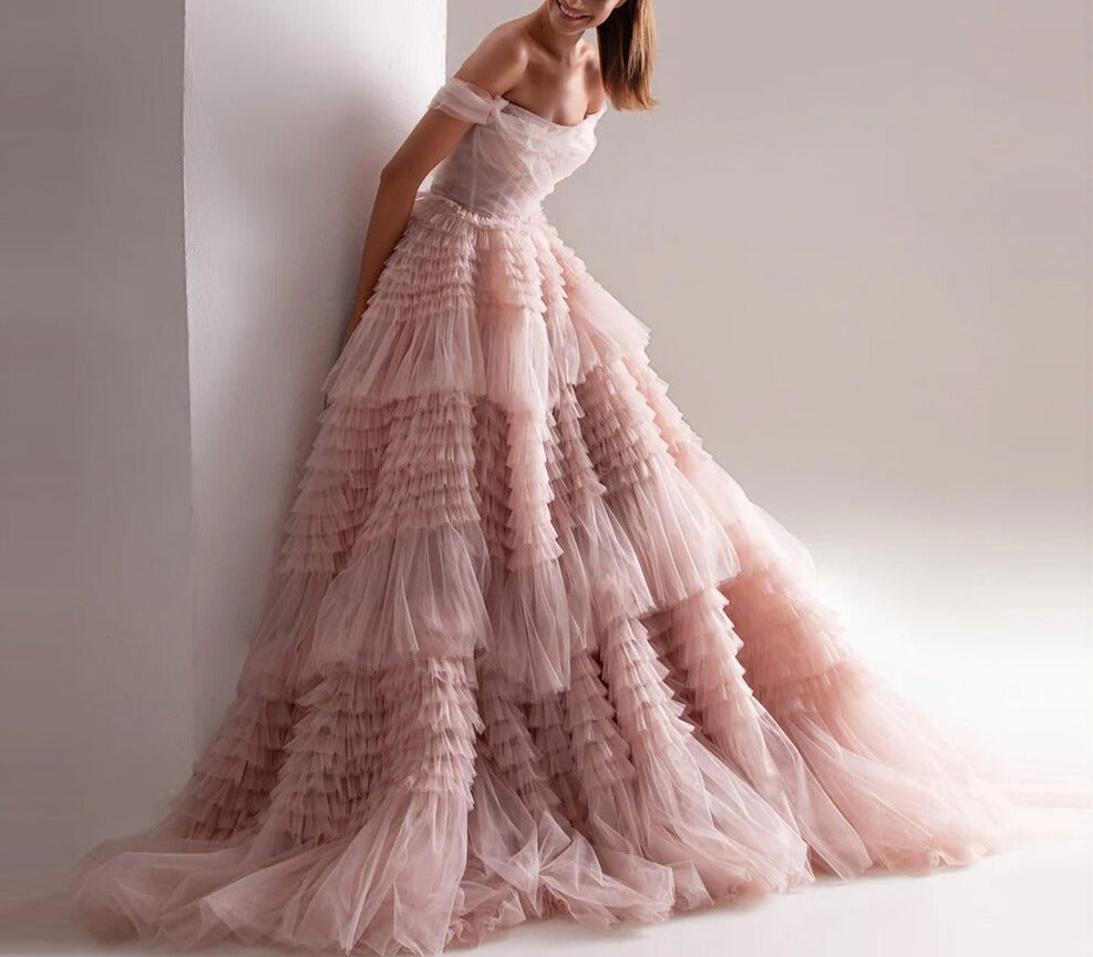 Blush Pink Off Shoulder Ruffles Evening Dress