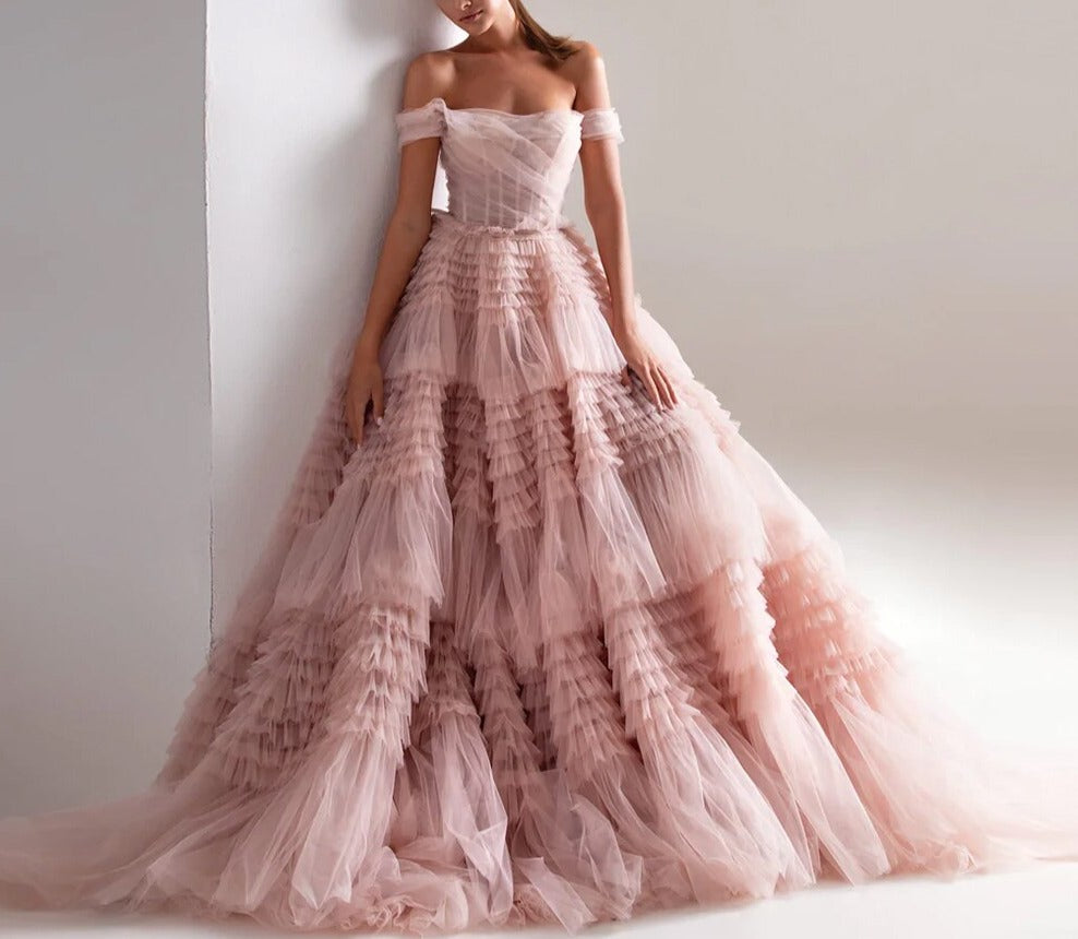 Blush Pink Off Shoulder Ruffles Evening Dress