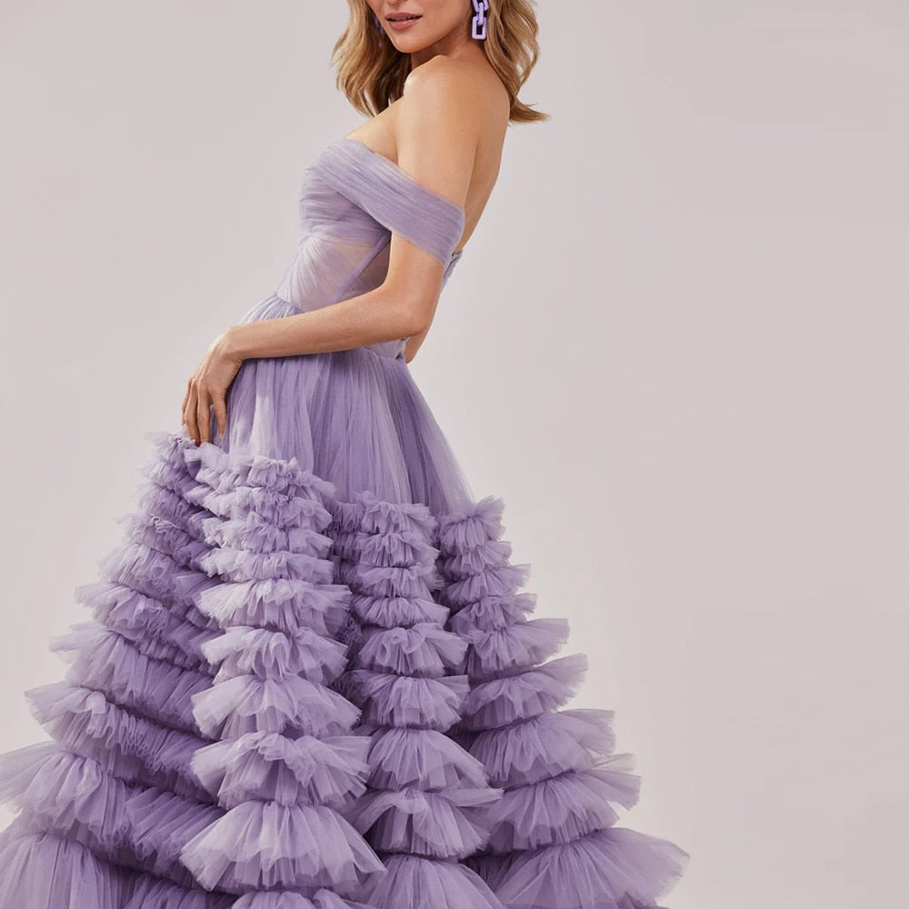 Elegant Off Shoulder Ball Gown Lilac Evening Dresses