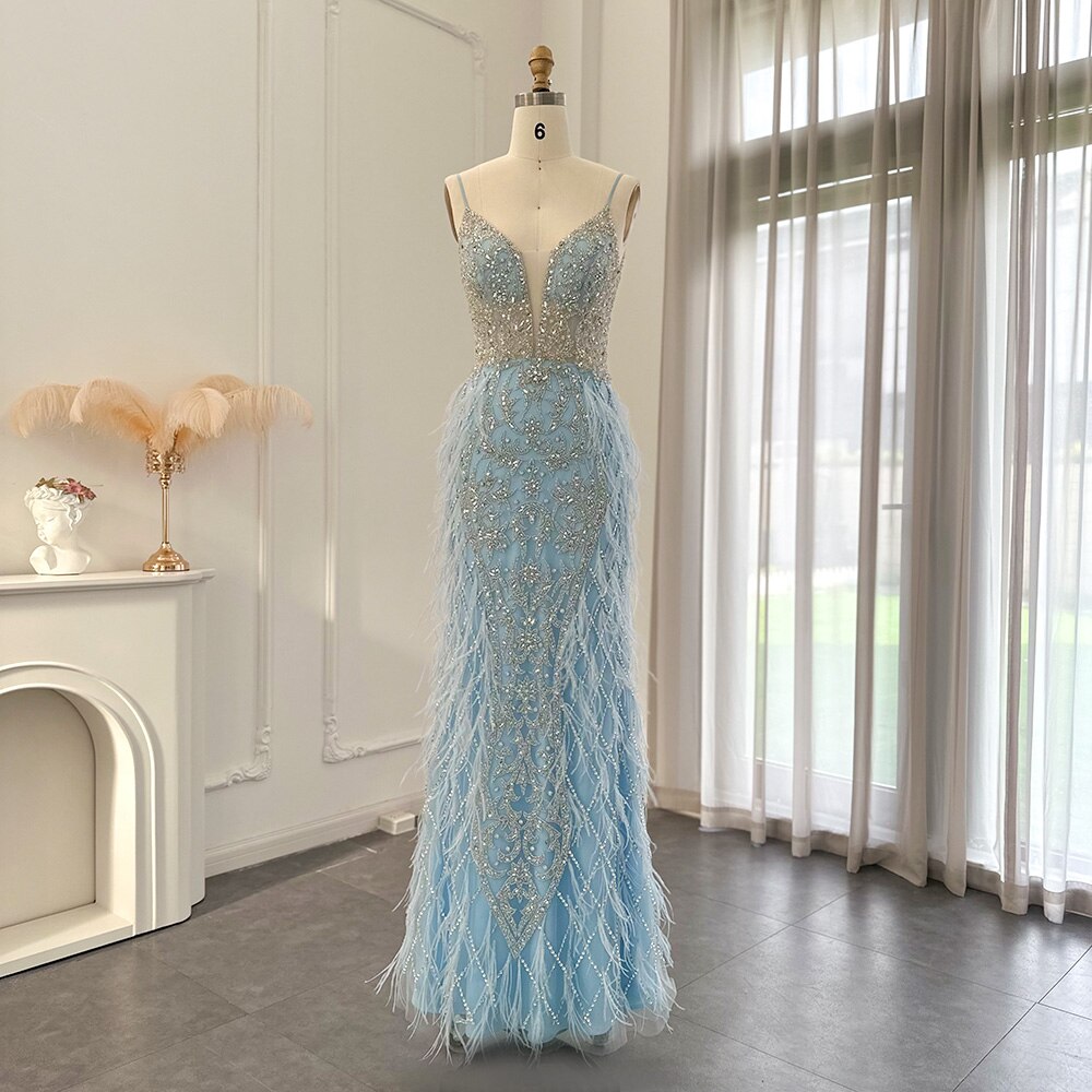 Luxury Feathers Mermaid Champagne Evening Dresses