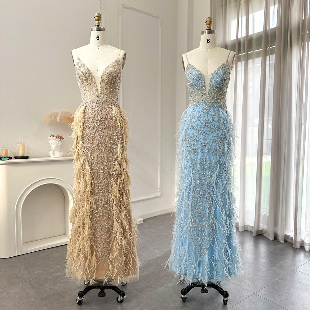 Luxury Feathers Mermaid Champagne Evening Dresses