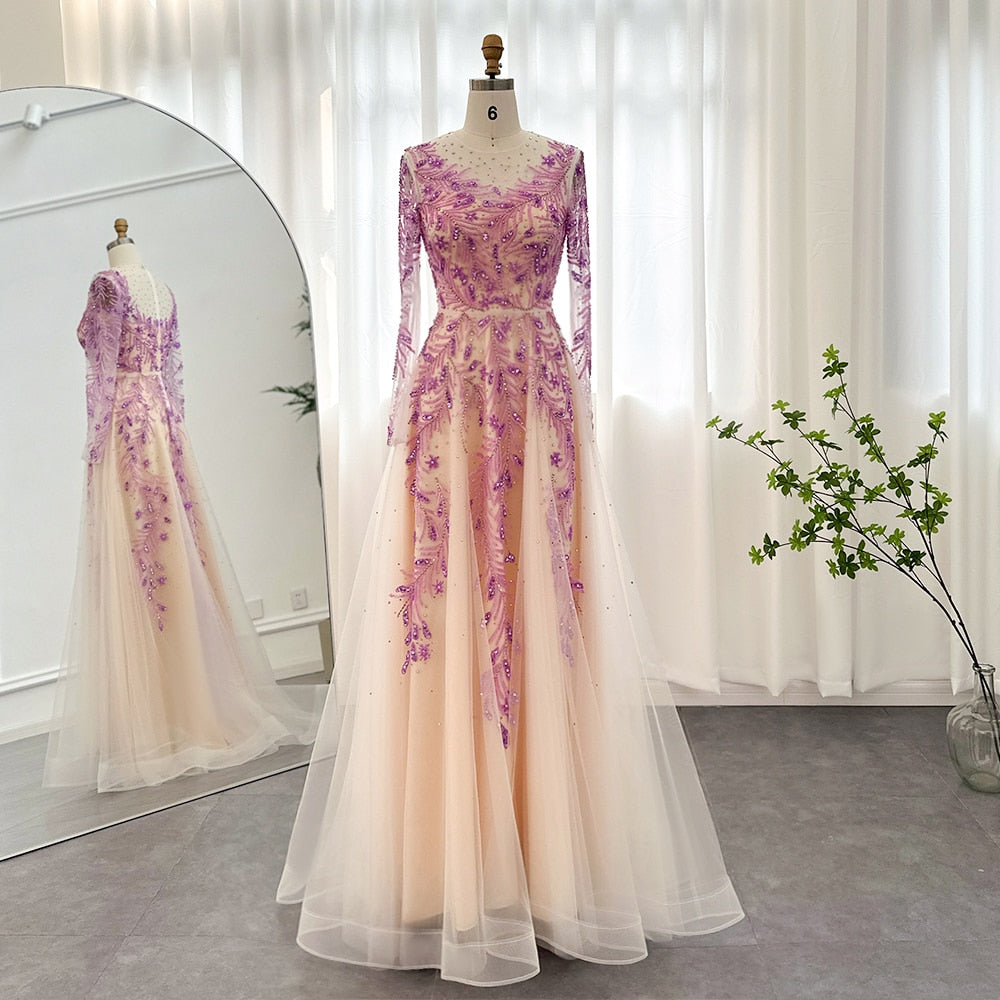 Long Sleeve Lilac Evening Dresses Formal Gowns