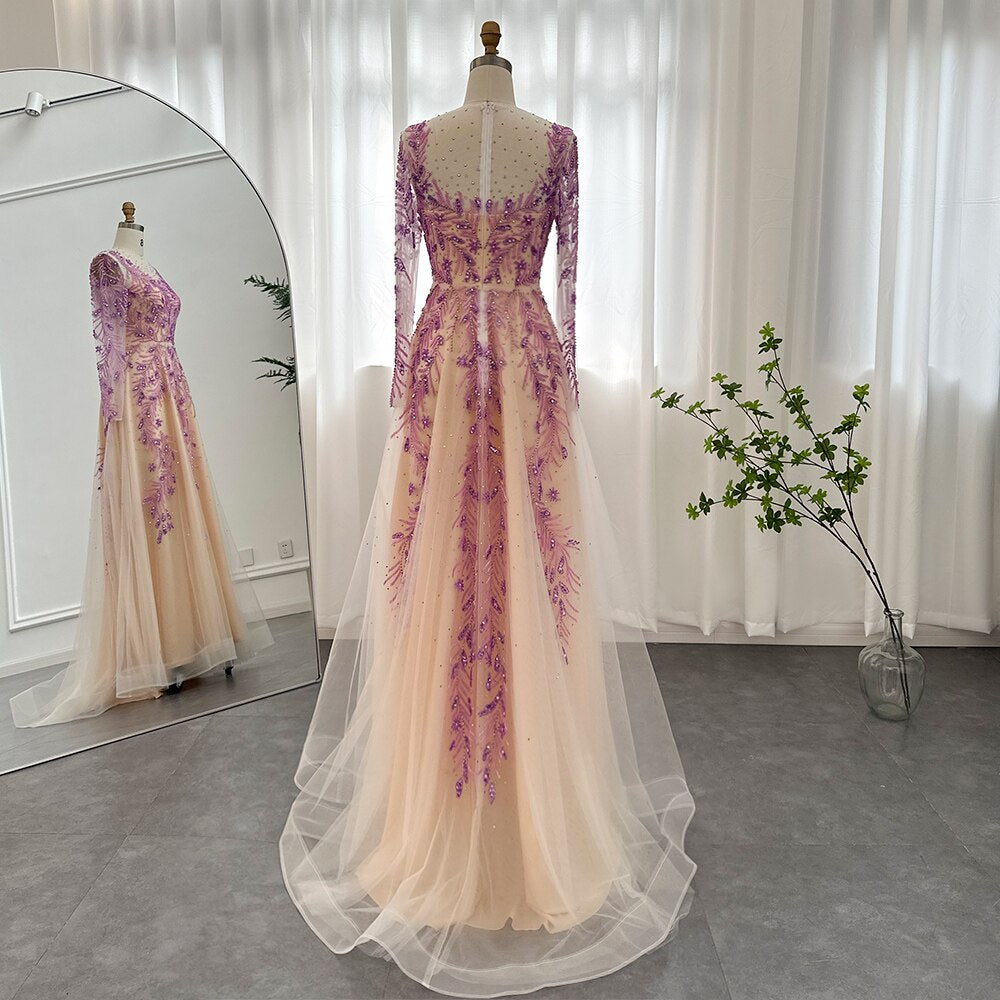 Long Sleeve Lilac Evening Dresses Formal Gowns