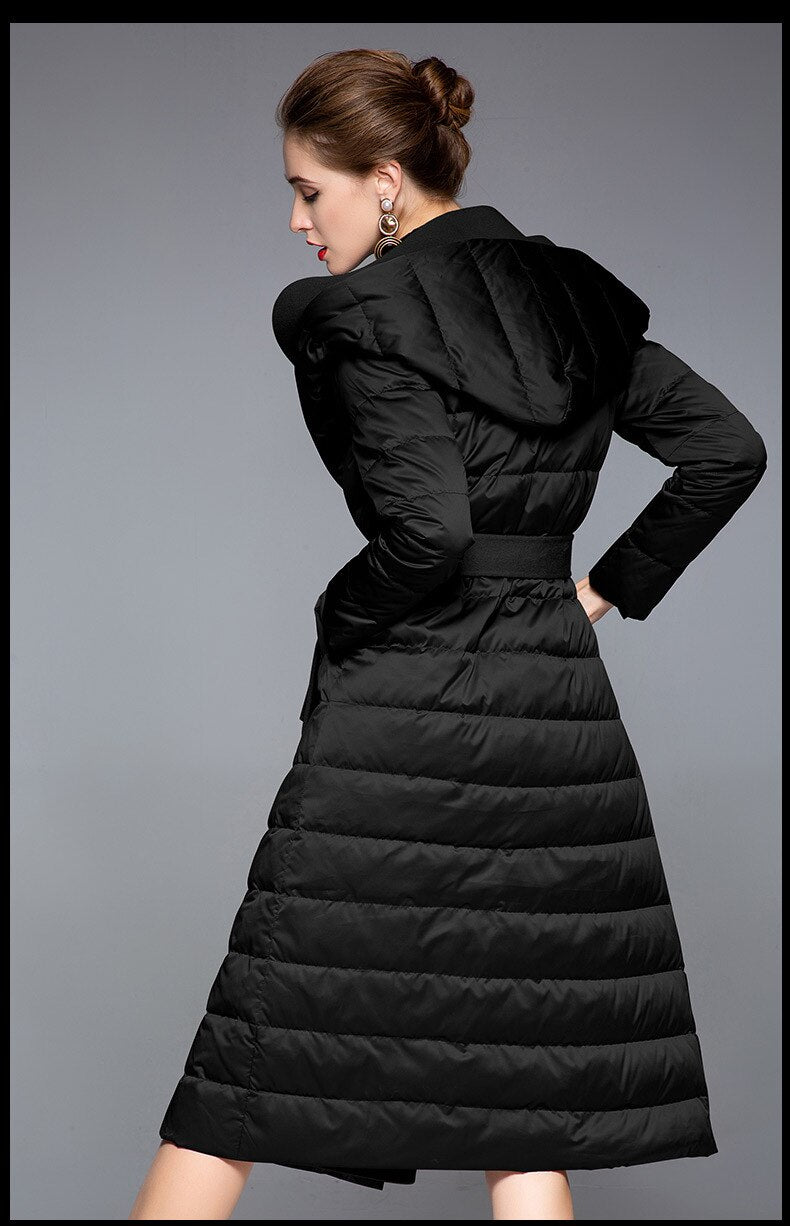 Goose Down High Street Female Jacket Long Hooded Belt Full Sleeve Cashmere Streetwear Fashion Jacket For Women - LiveTrendsX
