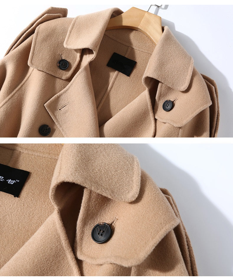 Vintage Formal Sweet Female Coat Wool Cashmere Square Collar Full Sleeve Belt Epaulets Double Breasted Coat For Women - LiveTrendsX