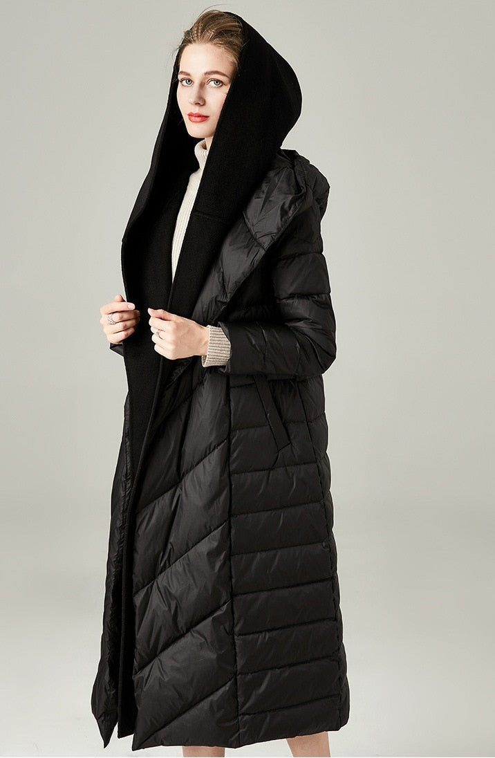Female Duck Down Filler Warm Jacket Hooded Knee Length Cashmere Full Sleeve Coat Belt Winter Parka For Women - LiveTrendsX
