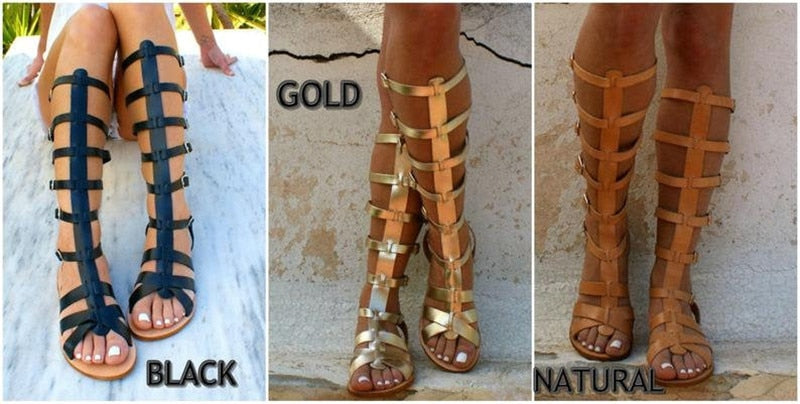 New Roman T Strap Gladiator Knee High Sandals Casual Flat Shoes