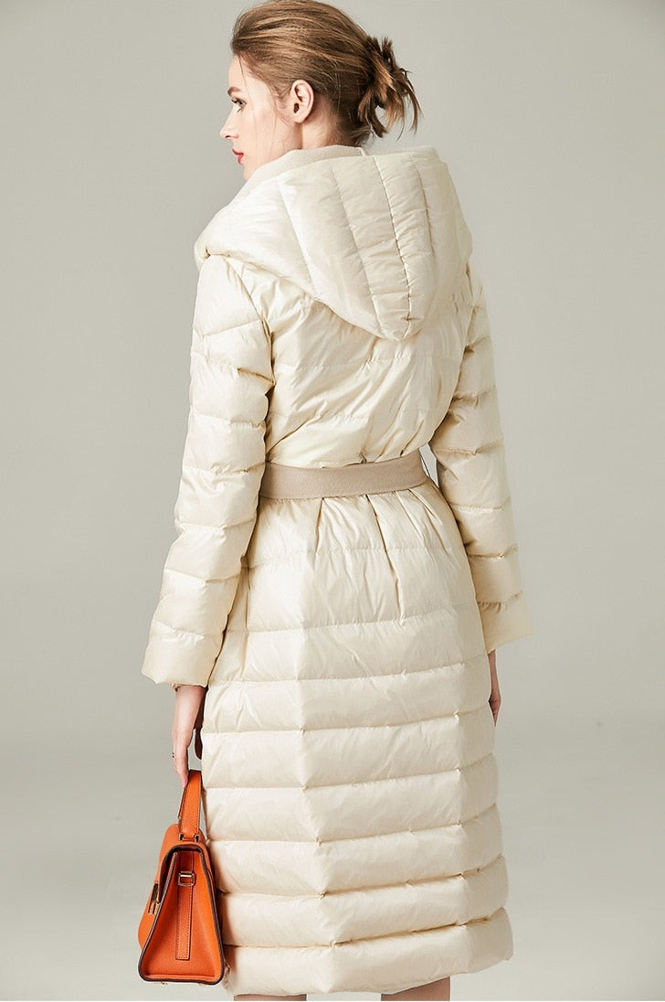Female Duck Down Filler Warm Jacket Hooded Knee Length Cashmere Full Sleeve Coat Belt Winter Parka For Women - LiveTrendsX