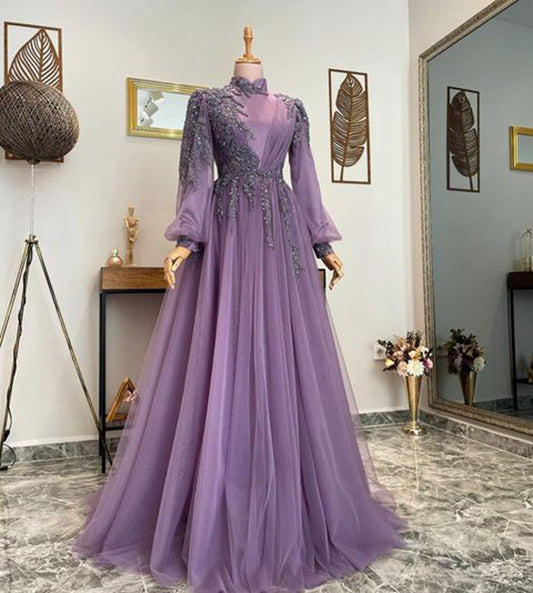 A - line High Neck Dubai Women Muslim Arabic Formal Evening Gowns - LiveTrendsX