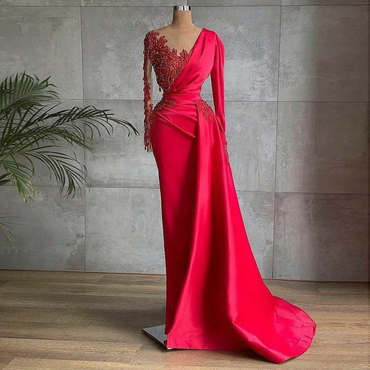 Arabic Red Satin Mermaid Prom Dresses V - Neck Pleats Beads - LiveTrendsX