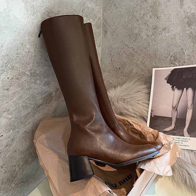 Autumn and winter Women knee - high Back zip chunky heel knight boots - LiveTrendsX