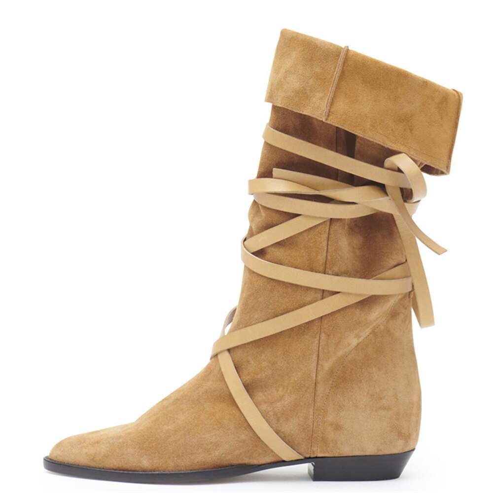 Autumn Winter Women Suede Lace - Up Boots Cross - Tied Flat Mid - Calf - LiveTrendsX