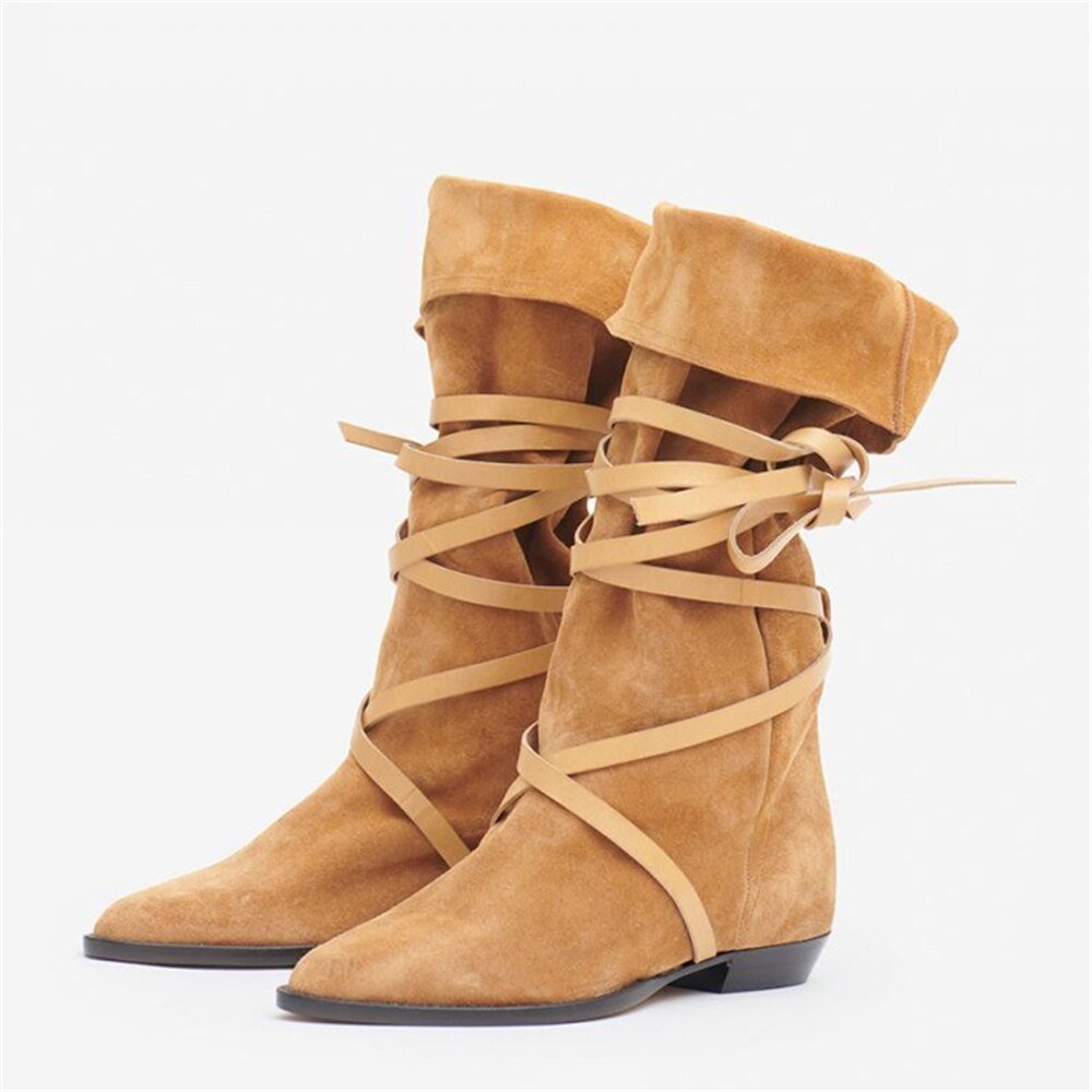 Autumn Winter Women Suede Lace - Up Boots Cross - Tied Flat Mid - Calf - LiveTrendsX