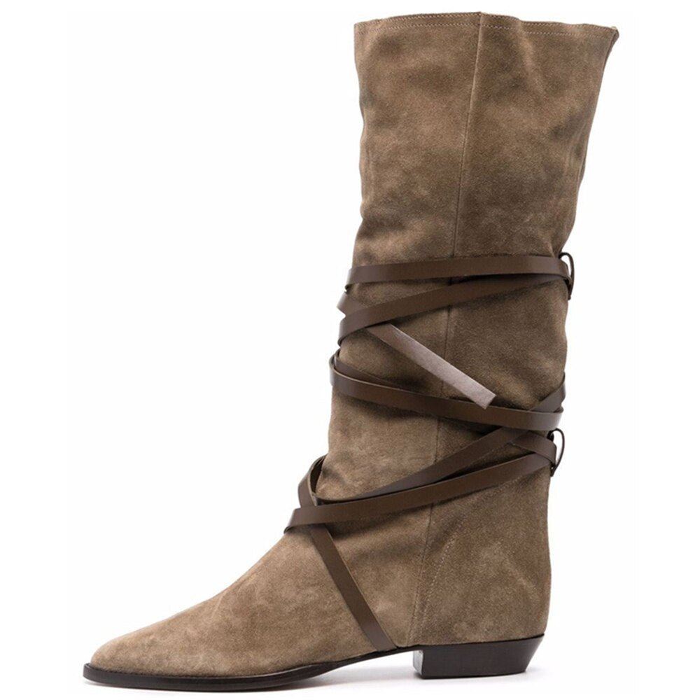 Autumn Winter Women Suede Lace - Up Boots Cross - Tied Flat Mid - Calf - LiveTrendsX