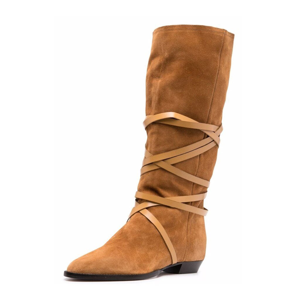 Autumn Winter Women Suede Lace - Up Boots Cross - Tied Flat Mid - Calf - LiveTrendsX