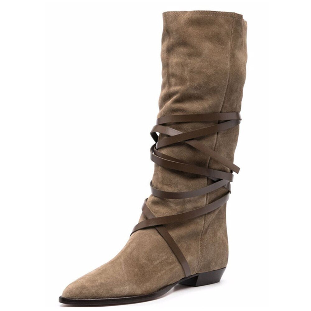 Autumn Winter Women Suede Lace - Up Boots Cross - Tied Flat Mid - Calf - LiveTrendsX